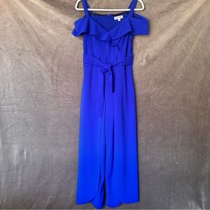 Shelby and Palmer Royal Blue Cold Shoulder Split Wide Leg Jumpsuit Size 6